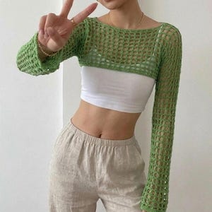 メッシュトップのかぎ針編みパターン、長袖レーストップのデジタルダウンロード、