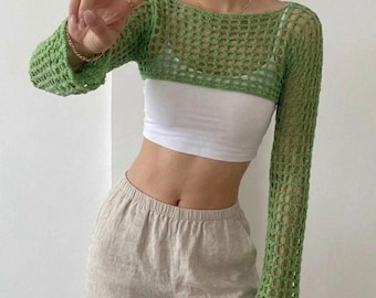 Mesh Top Crochet Pattern ,Long Sleeve Laced Top Digital Download,