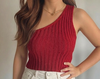 One Shoulder Top Strickmuster, Neckholder Top XS-4XL, Nahtlose Strickmuster