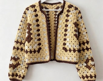 Häkelmuster für eine Strickjacke, Oma-Quadrat-Hexagon-Jacke (PDF), nahtloses Boho-Pullovermuster, Größen XS-5X