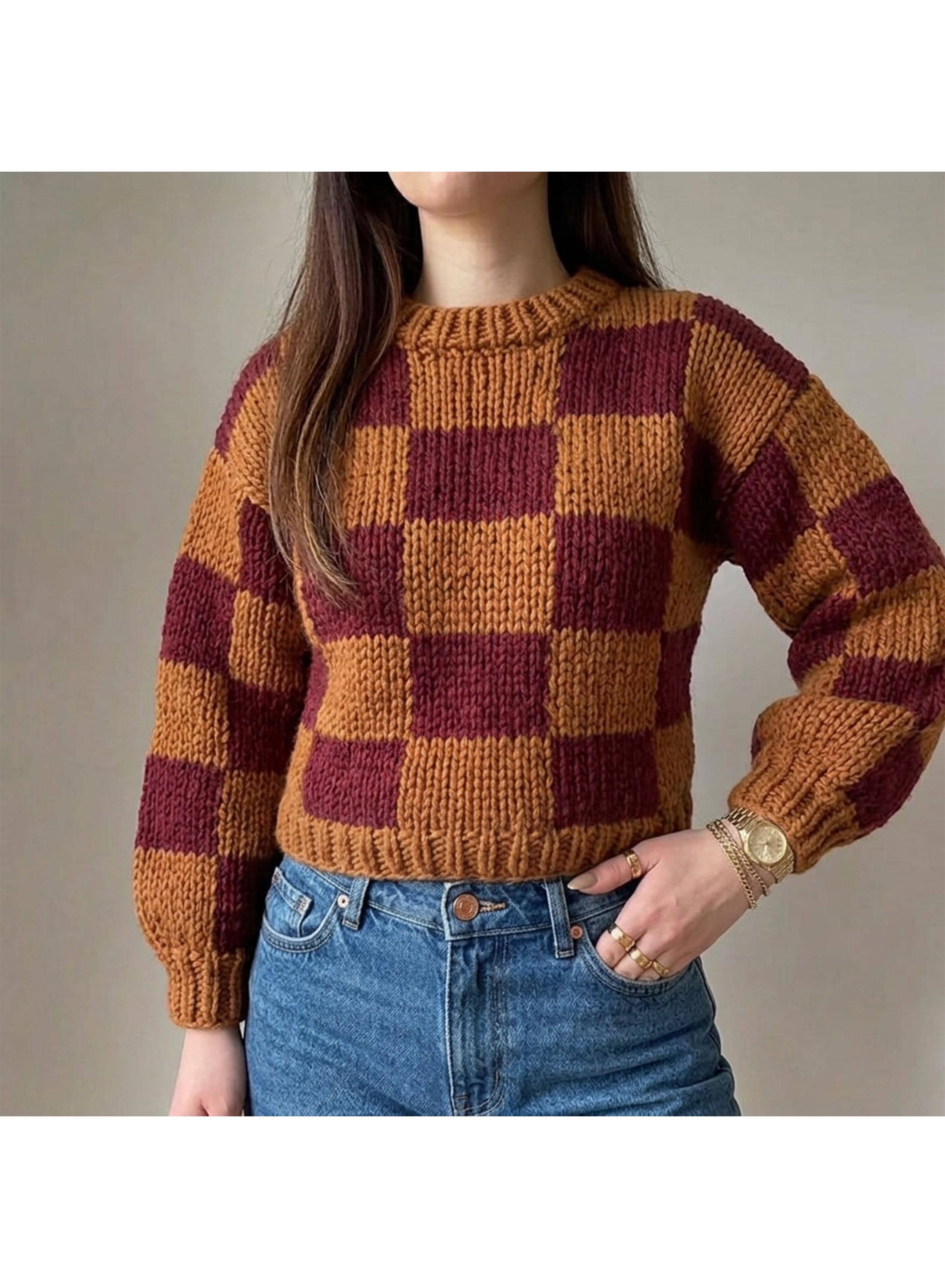 Checkered Sweater Pattern, Beginner Friendly Chunky Pullover