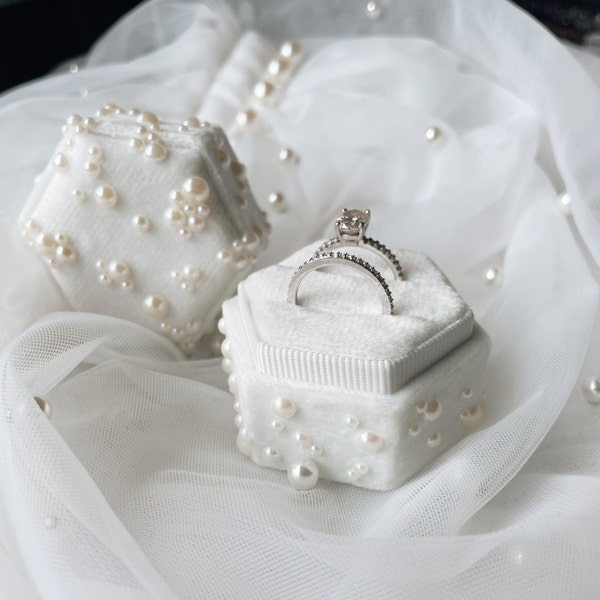 Double ring box for wedding Pearl Velvet ring box ring bearer Groomsmen ring box White velvet ring-box