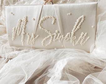 Pearl Bridal Bag personalised bride clutch bag pearl custom bridal handbag clutch for bride purse for wedding beaded ivory
