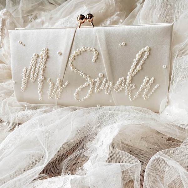 Perlen-Brauttasche, personalisierte Braut-Clutch, Perlen-Brauthandtasche, Clutch für Braut, Geldbörse für Hochzeit, Perlen-Clutch