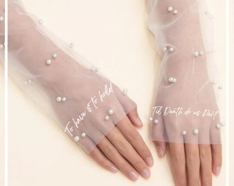 Personalised Fingerless Pearl Gloves long bridal Tulle Gloves sleeves for Bride Fingerless Sheer Gloves for wedding party Gloves with pearls