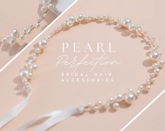 Pearl Perfection: Handmade Bridal Hairband Set with Elegant Mixed Sized Faux Pearls for Wedding Updos and Hairstyles