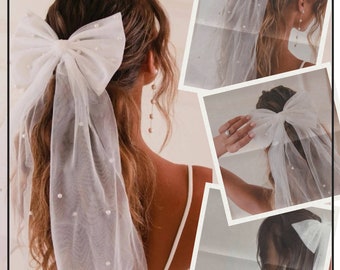 Pearl Bridal Shower Bow Veil Hair Accessories for Hen party & Bachelorette parties White Bridal Bow Veil for Hair - Pearl Bow Veil