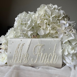 Bolso de mano de novia personalizado con perlas, bolso de mano de novia personalizado, bolso de mano para novia, bolso para regalo de boda personalizado para novia, bolso para futura señora