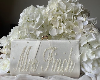 Pochette de mariée personnalisée, perle, sac à main de mariée personnalisé, pochette de Mme pour la mariée, sac à main pour cadeau de mariage personnalisé pour la mariée, future sac de Mme