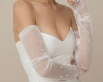 Guantes blancos sin dedos con perlas, guantes largos de tul nupciales, mangas para novia, guantes transparentes sin dedos para fiesta de boda, guantes con perlas