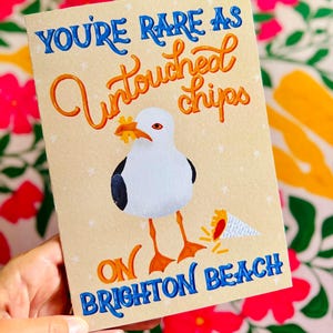 Carte illustrée originale Vous êtes rare : mouette de plage de Brighton tenant des jetons