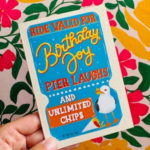 Unique Hand Drawn Birthday Card featuring Vintage Ticket and Seagull with Chips|Brighton inspired|