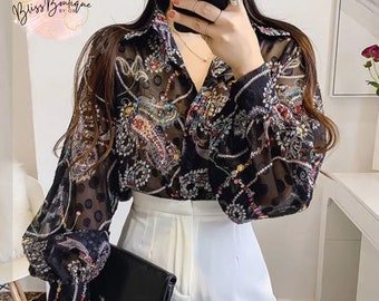 Chiffon Lantern Sleeve Shirt, Floral Print Casual Open Stitch Blouse