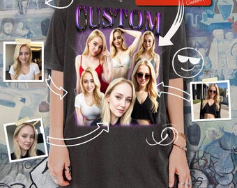 May include: A dark gray t-shirt with the word "CUSTOM" printed in purple and white letters. The shirt features a collage of photos of women with different hairstyles and clothing. The text "Your Photos and your Text Custom" is printed in a red box at the top of the shirt.