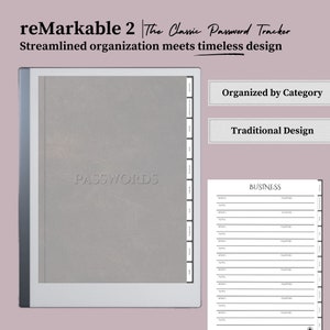 Peut inclure: Une tablette reMarkable 2 grise avec le mot "PASSWORDS" en relief sur la couverture. La tablette présente une conception à onglets pour l'organisation et comprend une page d'exemple intitulée "BUSINESS". Le texte "Streamlined organisation meets timeless design" est également visible.