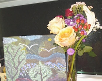 Abstract Realism Painting: Dark Colors, Birds, 8x10 Framed Art