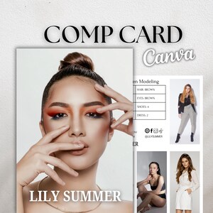 May include: A comp card designed in Canva featuring a headshot of a model with brown hair and eyes, wearing makeup. The card includes the model's name, Lily Summer, and additional photos. Social media handles are also included.