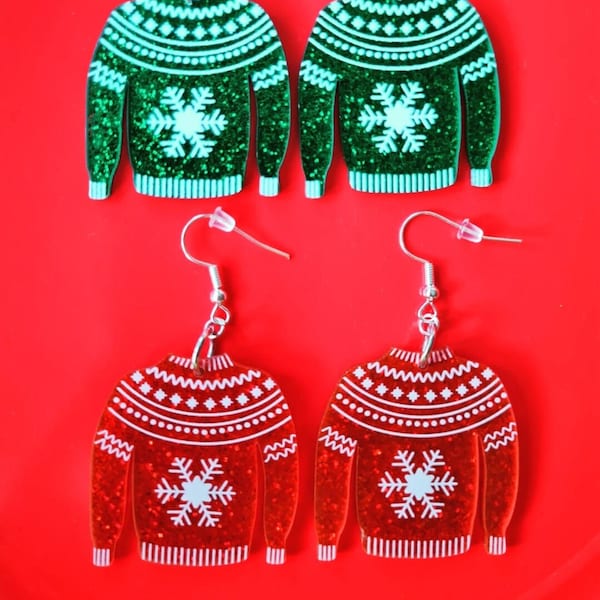 Boucles d’oreilles Fairisle Knit Christmas Jumper | Journée du pull de Noël 2023 | Boucles d'oreilles festives | Boucles d'oreilles de Noël | Pull scintillant | Bijoux de Noël