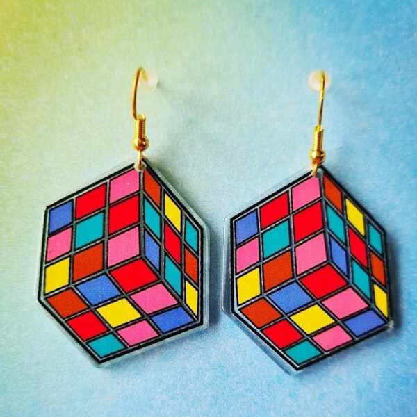 Boucles d'oreilles cubes Rubix | Boucles d'oreilles illusion rétro | Boucles d'oreilles puzzle Rubix | Boucles d'oreilles de fête amusantes des années 80