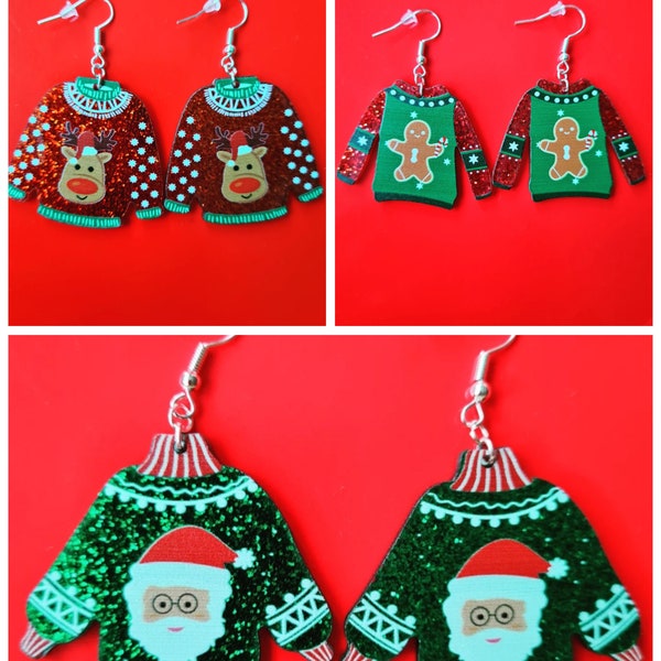 Christmas jumper earrings | Santa Rudolph Gingerbread man | Cute Christmas earrings | Xmas Jumper day 2023 | Sparkly festive Xmas earrings
