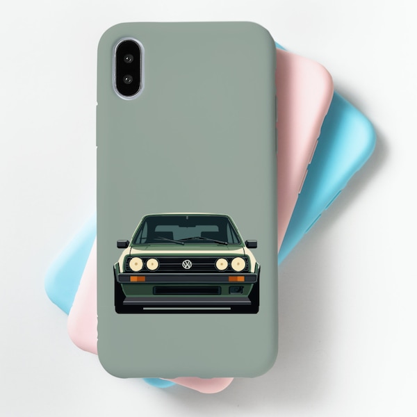 VW Golf MK2 iPhone Case Front Green Classic Car Gift For Him Fathers Day 15 ProMax, 15 Pro, 15, 15 plus, 14, 14 Pro, 14 Plus 14 ProMax, 13