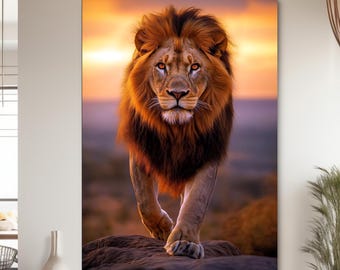 Lion Wall Decor UV Print Flat Tempered Glass Big Cat Design Large Wall Hanging Home Accent