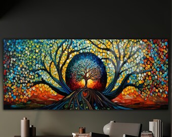 Yggdrasil Colorful Mosaic Panaromic Glass Painting,Tree of Life Artwork, Stained Glass Print,Norse Mythology Gift Art ,Celtic  Glass Artwork