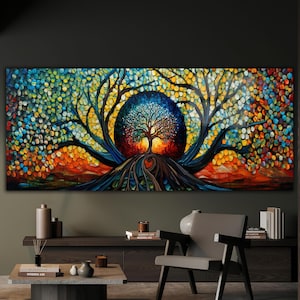 Yggdrasil Colorful Mosaic Panaromic Glass Painting,Tree of Life Artwork, Stained Glass Print,Norse Mythology Gift Art ,Celtic  Glass Artwork