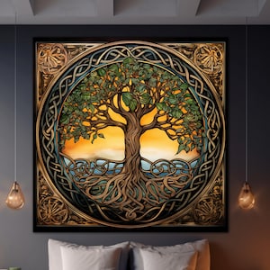 Yggdrasil Painting Tempered Glass Print, Tree of Life Mandala,Celtic Wall Art,Natural Earthy Tones, Symbolic Wall Décor,Norse Mythology Gift