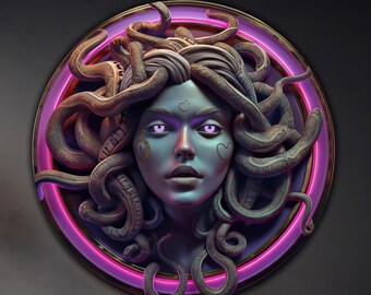 Neon Medusa Serpent Design Round Tempered Glass Print for Indoor Outdoor Decor