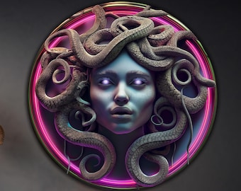 Neon Medusa Serpent Design Round Tempered Glass Print for Indoor Outdoor Decor