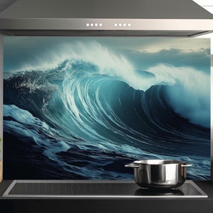 Ocean Backsplash Tempered Glass Tiles-Wave Backsplash for ocean Splashback Stove Back Cover Splashback Tile-Cooker Wall Backsplash Panel art