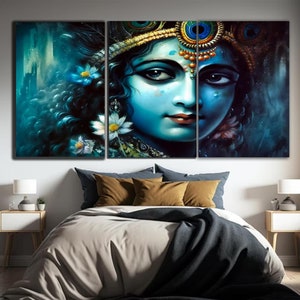 Arte de parede de vidro temperado | Arte de parede do deus hindu Krishna | Decoração de parede grande | Arte abstrata de parede | Presentes de inauguração | Decoração de casa | Presente para ela