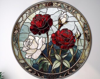 Red Rose Round Tempered Glass UV Print Flat Stained Style Floral Design Elegant Wall Decor