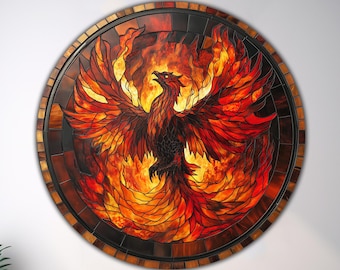 Phoenix Wall Decor Round Tempered Glass Flat UV Print Circle Phoenix Bird Stained Design Home