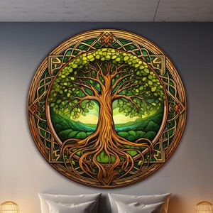 Yggdrasil Round Tempered Glass Printing, Tree of Life Mandala,Celtic Wall Art,Natural Earthy Tones, Symbolic Wall Décor,Norse Mythology Gift