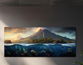 May include: A large rectangular canvas print depicting a split scene of a volcanic island. The top half shows the island with lush green trees and a volcano under a cloudy sky. The bottom half reveals an underwater scene with coral and fish.