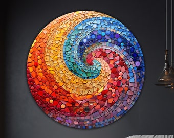 May include: A colorful mosaic wall art piece in the shape of a circle with a swirling pattern of red, orange, yellow, green, blue, and purple. The mosaic is made of small, irregular pieces of glass and tile.
