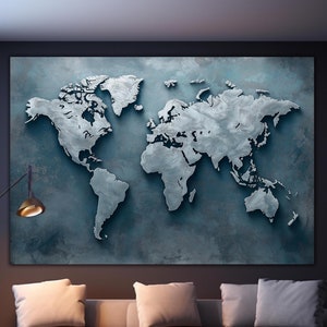 Stampa su vetro con mappa del mondo blu e argento - Arte murale in vetro - Decorazione per la casa - Regalo per inaugurazione della casa - Idee di interior design - Arazzi