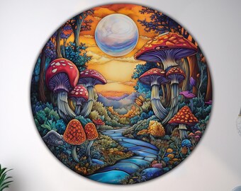 Mushroom Wall Decor Round Tempered Glass UV Print Circle Design Large Flat Wall Display