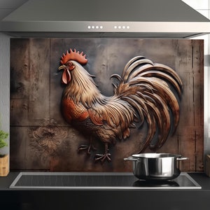 Rustic Rooster Backsplash, Tempered Glass Kitchen Backsplash Behind Stove, Glass Backsplash for Kitchen,Rustic Stove Backsplash, Animal Art