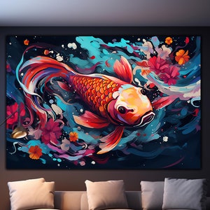 Abstract Koi Fish Wall Art, Animal Japanese Koi Fish Tempered Glass Printing Wall Art,Koi Fish Wall Decor Glass Large Wall Art, Sea Fish Art