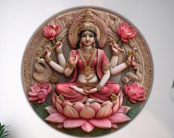 Panel redondo en relieve de la diosa Lakshmi con superficie de cristal impresa UV para decoración espiritual.
