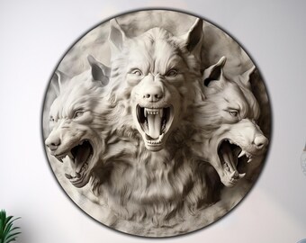 Cerberus Three Headed Flat Round Panel Created with UV Printed Design for Mythological Home Decoration