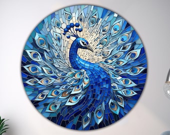 Peacock Tempered Round Glass Wall Art,Peacock Abstract Wall Art for Living Room Home Decor Gifts for Her Housewarming Gifts Animal Glass Art