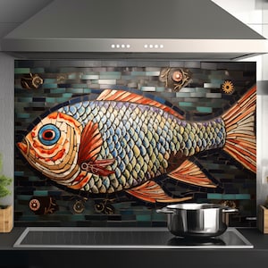 May include: A colorful mosaic tile backsplash featuring a large, orange and blue fish with a detailed design. The backsplash is installed behind a stainless steel range hood in a modern kitchen.