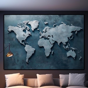 Stampa su vetro con mappa del mondo blu e argento - Arte murale in vetro - Decorazione per la casa - Regalo per inaugurazione della casa - Idee di interior design - Arazzi