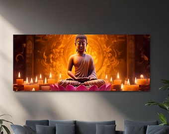 Buddha Wall Decor UV Print Large Tempered Panel Panoramic Design Hindu Style Home Accent