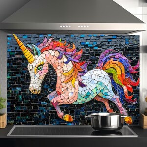 May include: A colorful mosaic unicorn kitchen backsplash with a dark blue background. The unicorn is made of small, colorful tiles and has a rainbow mane and tail.