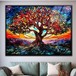 Stained Wall Art Stained Backsplash Tempered Glass | Life of Tree Wall Decor| Glass Printing  Backsplash| Acrylic Stained Glass Window Decor